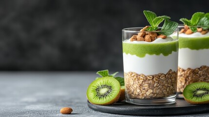 A delectable yogurt dessert layered with oats, topped with fresh kiwi slices and nuts, enhancing both flavor and health, appealing to food enthusiasts and nutrition seekers alike.