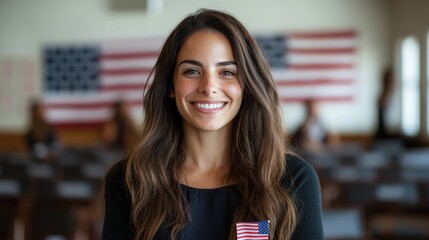 A confident woman with a smile stands in a classroom with American flags, representing empowerment and civic duty, eager to vote in an important election and inspire others.