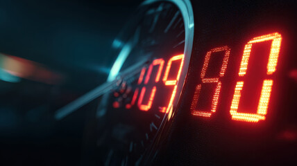 A digital clock with red digits displays a specific time against a dark background