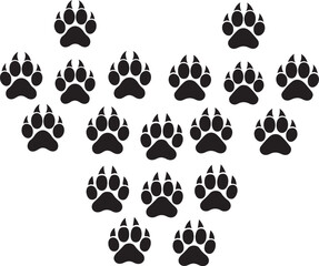 Fototapeta premium Animal paw prints and black silhouettes of Cas and other animals in a decorative vector design set