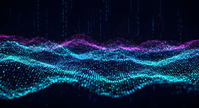 Abstract digital wave background with glowing particles and binary code