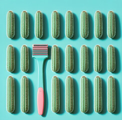 Funny shaving concept with razor and cactus pattern on blue background.  The humorous visual metaphor highlights the challenge of shaving with prickly textures, creating and strong. 