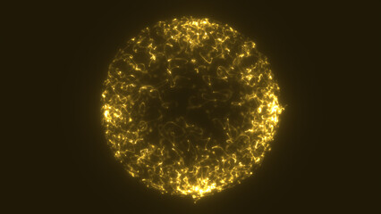 Vibrant golden sphere of tangled glowing lines emitting intense energy on a dark background © Bolbik