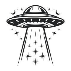 Monochrome UFO with Beam and Stars: Graphic Illustration of Flying Saucer with Cosmic Celestial Elements, Perfect for Retro Sci-Fi or Space Design Projects