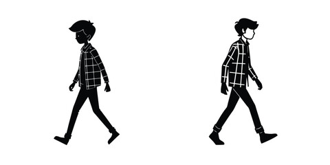 Artsy Boy in Plaid Shirt on Casual Stroll Silhouette on White Background