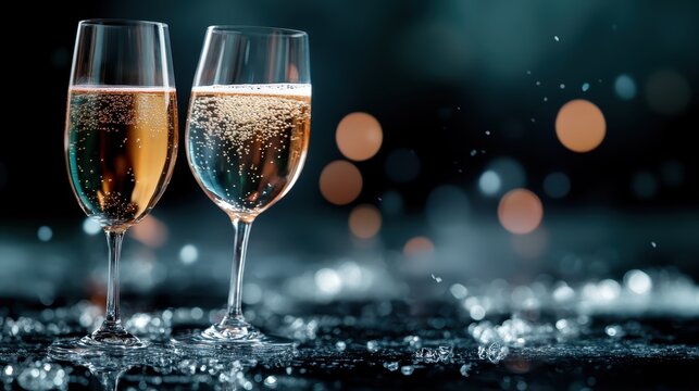 Two elegant glasses filled with champagne glisten, creating a luxurious atmosphere with sparkling bubbles and bokeh lights in the background, perfect for celebrations and toasts.