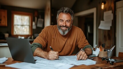 A joyful man working in a cozy home office, surrounded by paperwork, showcasing a positive and productive work environment that reflects personal fulfillment and creativity.