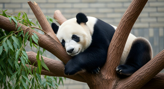 Panda Sleeping on Tree Branch Animal Portrait