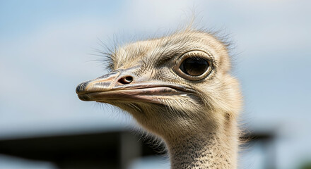 Ostrich Head Close Up Against Blue Sky