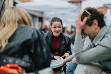 Group of friends sharing laughter and conversation at an outdoor cafe in a relaxed setting. The casual atmosphere highlights the joy and connection among the people enjoying each other's company.