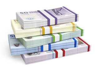 Stack of Danish krone banknotes in various denominations