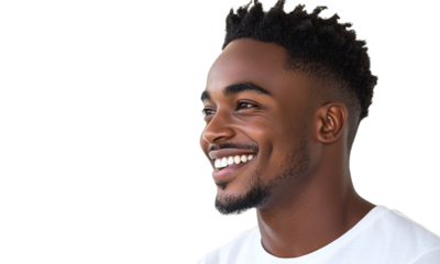 Close-up portrait of a handsome man with a happy smile, looking to the left sideways, isolated on transparent background.