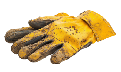 Dirty yellow work gloves isolated on transparent background.