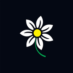 Minimal vector illustration of a daisy like white flower with a yellow center and green stem on a black background. Perfect for nature, botanical, spring themes, or floral graphic design projects.