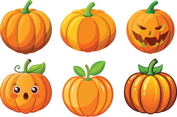 Halloween Pumpkins Different Faces Set on a transparent background.