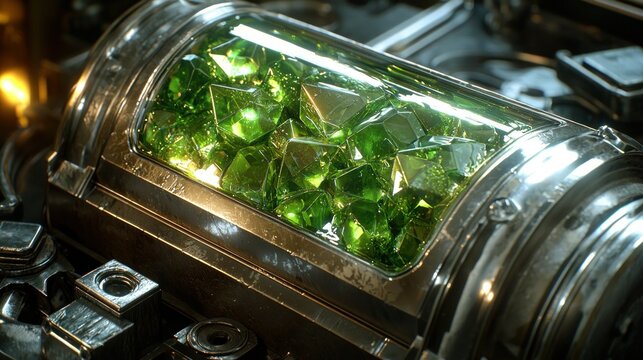 Metallic container holds vibrant green crystals.  Close-up view of futuristic lab equipment
