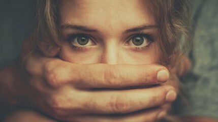 A woman with her eyes closed and her face covered by a man's hand