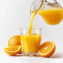 Fresh orange juice being poured into a glass with several oranges beside it. The orange juice is a vibrant color, suggesting a burst of citrus flavor