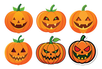 Halloween Pumpkins Different Faces Set on a transparent background.
