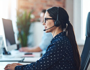 A woman wearing a headset and glasses is sitting at a desk