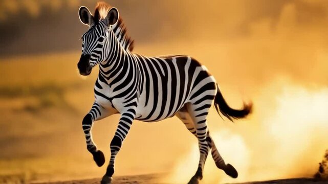 Zebra running powerfully through a dusty landscape with a bright orange and yellow background video