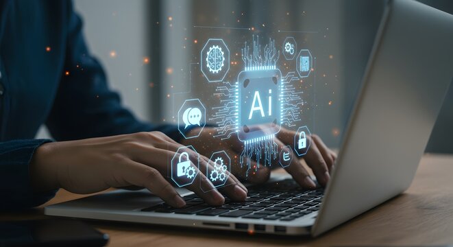 Person using laptop with ai interface showing digital technology and data processing
