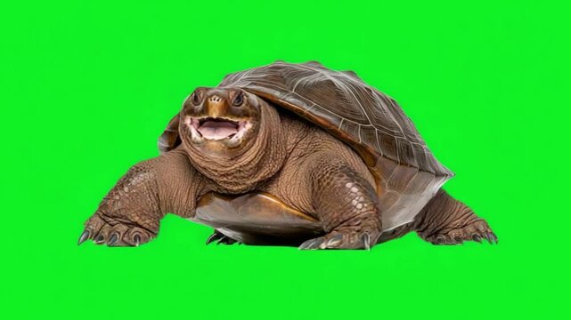 Realistic turtle on bright green background showcasing texture and details of the reptile's shell and features