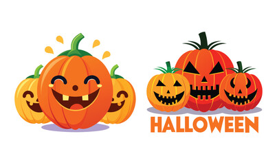 Halloween Pumpkins Different Faces Set on a transparent background.