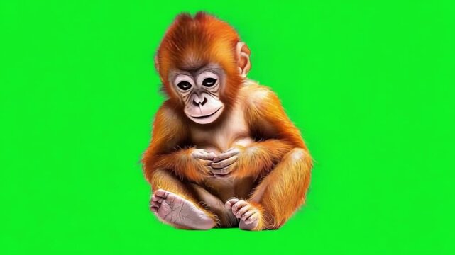 A Young Orange Monkey Sitting and Gently Inspecting Its Hands Against a Bright Green Background