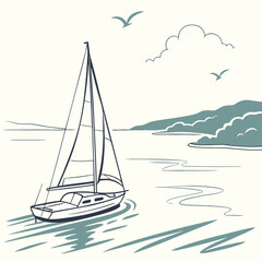 Fototapeta premium Elegant Sailboat Graphic Design Featuring a Coastal Seascape Perfect for Branding or Nautical Theme Projects