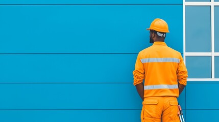 Construction worker facing away from blue wall