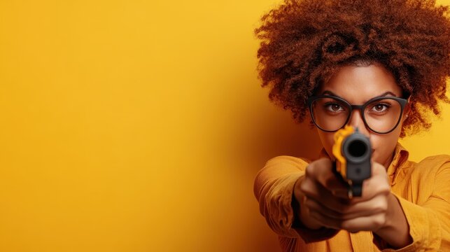 A determined young woman points a yellow gun directly at the viewer, showcasing a mix of confidence, empowerment, and a bold presence with a striking yellow backdrop.