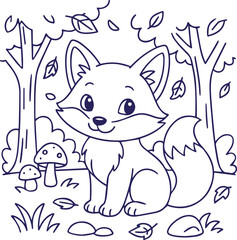 Cute fox sitting in autumn forest with falling leaves line art