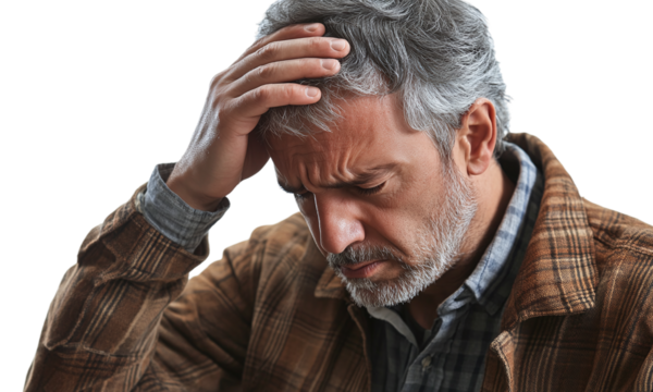 Stressed man hits forehead with his own hand, depressed, exhausted isolated on transparent background.