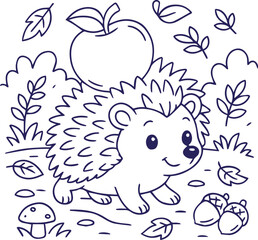 Cute hedgehog with apple in autumn forest line art style