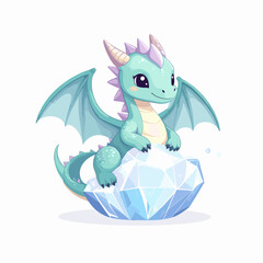 Obraz premium Cute Baby Dragon Sitting on Shiny Diamond – Fantasy Cartoon Illustration on White Background