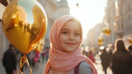 Girl with Balloon in City.