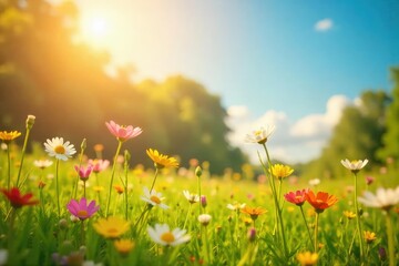 Fototapeta premium Joyful sunlit meadow scene, vibrant wildflowers swaying gently in a warm summer breeze Perfect for themes of happiness, nature, peace, and carefree living , breeze, sunshine