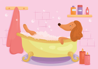 Brown dog relaxing in the bath
