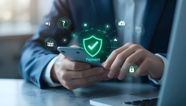 Secure mobile payment transaction concept with smartphone and hologram