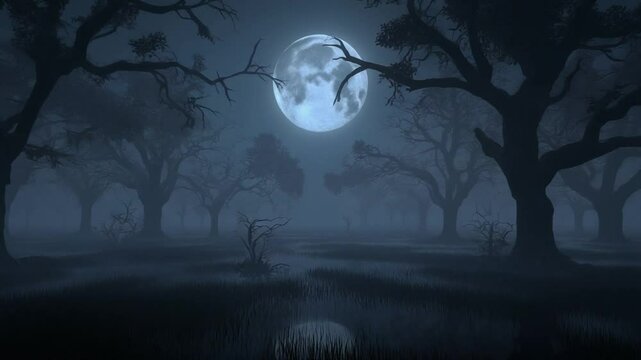 Zooming through a Misty Spooky Swamp Forest with a Full Moon