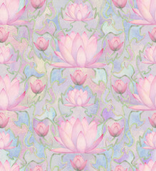 Watercolor lotus water lilies in art nouveau style