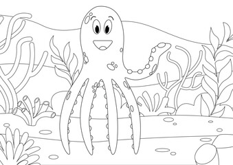 Coloring page with octopus on the seabed