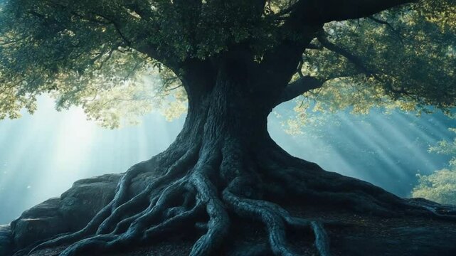 Close up of tree trunk with sprawling roots and sunlight filtering through green leaves