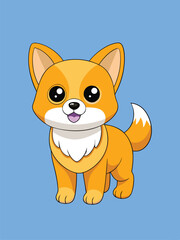 Obraz premium Cute Corgi Puppy: Animated Golden Dog with Big Eyes and Happy Expression on Light Blue Background, Digital Illustration, Vector Graphics 