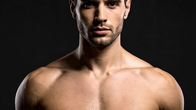 Handsome muscular man showing pectoral muscles against dark background in portrait, masculine athletic physique, dark hair, studio shot