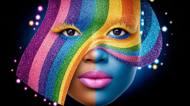 A vibrant and artistic portrayal of a person with a face adorned in rainbow hues and sparkling textures, symbolizing creativity and individual expression.