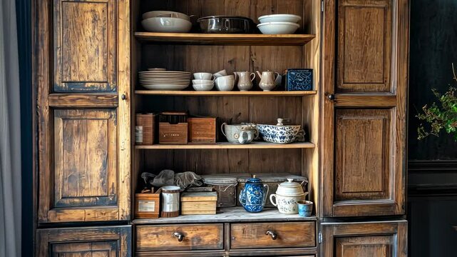 Wooden antique china cabinet with dishes