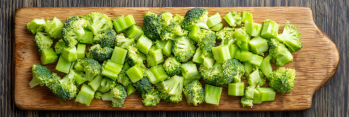 diced fresh broccoli on a wooden board banner
