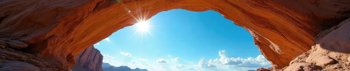 Obraz premium Majestic natural stone archway framing a vibrant blue sky, sunlight illuminating the ancient rock formation Perfect for travel, nature, and landscape projects , earth, majestic